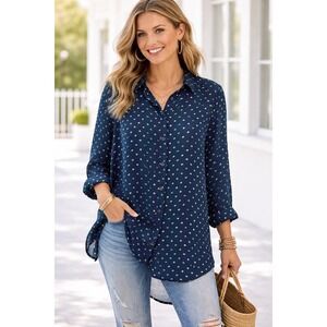 Cabi 5019 Martini Blouse Women Medium Blue Green Polka Dot Button Front Oversize